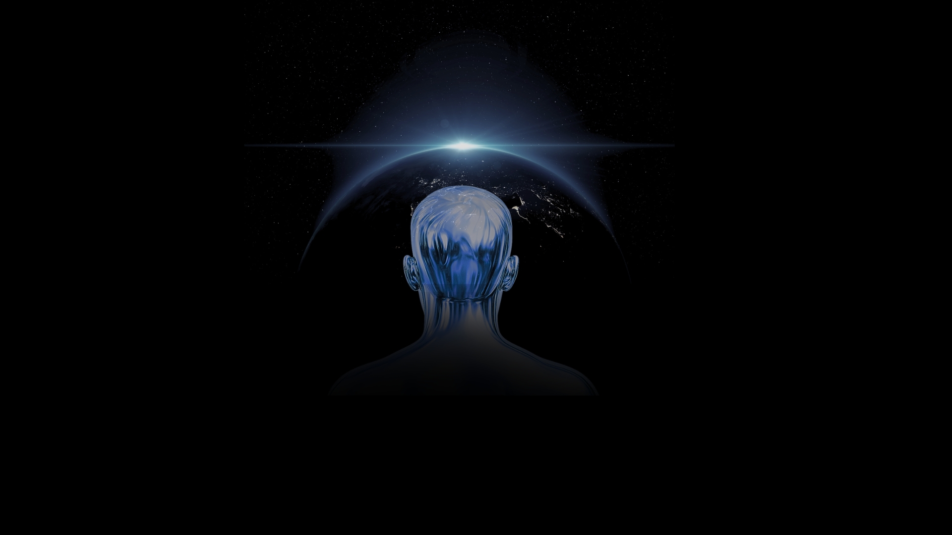 A chrome human figure faces a luminous Earth rising from the darkness of space
