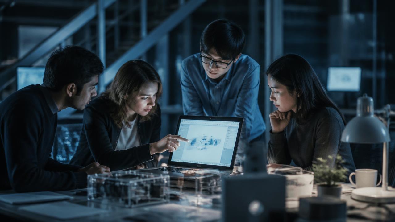 Innovators collaborating around a laptop in a studio at night